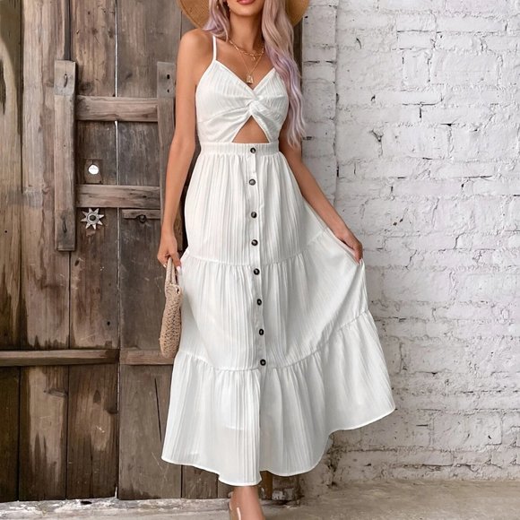 White Boho Womens Twist Front Cut Out Ruffle Hem Cami Dress - Picture 4 of 5